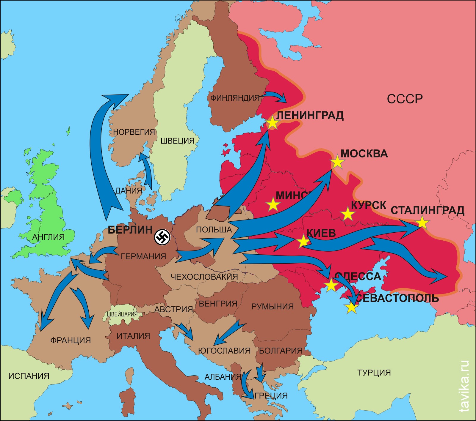 Карта  Великой Отечественной войны. Наступление Германии