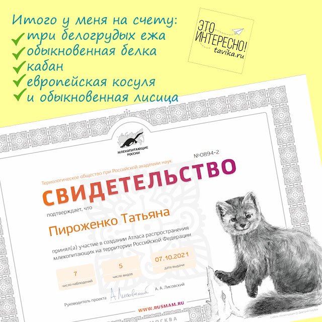 Свидетельство о принятии участия в составлении Атласа млекопитающих России