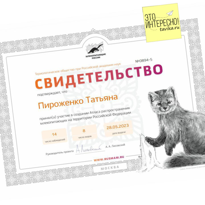 Свидетельство о записи в Атлас млекопитающих в России